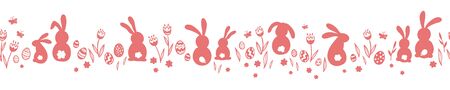 Cute hand drawn horizontal seamless pattern with bunnies, easter eggs, flowers and butterflies, great for banners, wallpapers, websites, cards - vector designのイラスト素材