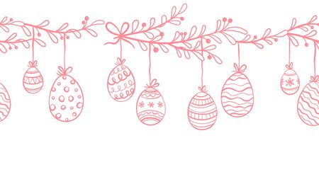 Cute hand drawn easter eggs horizontal seamless pattern, fun hanging easter decoration, great for banners, wallpapers, cards - vector designのイラスト素材