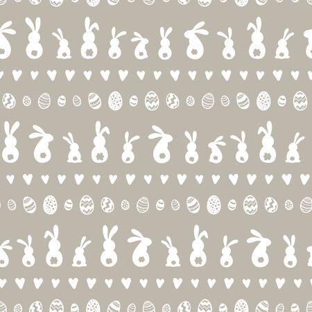Cute hand drawn seamless pattern with bunnies, easter eggs, flowers and butterflies, great for textiles, banners, wallpapers, websites, cards - vector designのイラスト素材