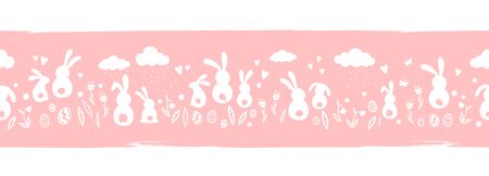 Cute hand drawn horizontal seamless pattern with bunnies, easter eggs, flowers and butterflies, great for banners, wallpapers, websites, cards - vector designのイラスト素材