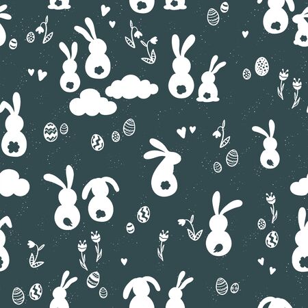 Cute hand drawn seamless pattern with bunnies, easter eggs, flowers and butterflies, great for textiles, banners, wallpapers, websites, cards - vector designのイラスト素材