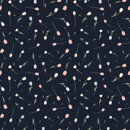 Cute hand drawn tulips seamless pattern, lovely doodle floral background, great for textiles, spring backdrops, wallpaper, banners - vector designのイラスト素材