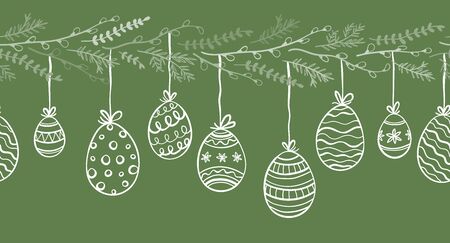 Cute hand drawn easter eggs horizontal seamless pattern, fun hanging easter decoration, great for banners, wallpapers, cards - vector designのイラスト素材