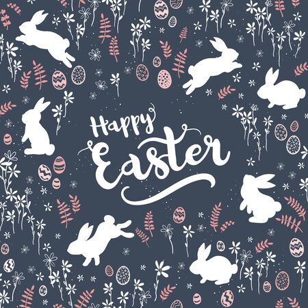 Cute hand drawn Easter Card design with bunnies, flowers and Easter eggs.のイラスト素材