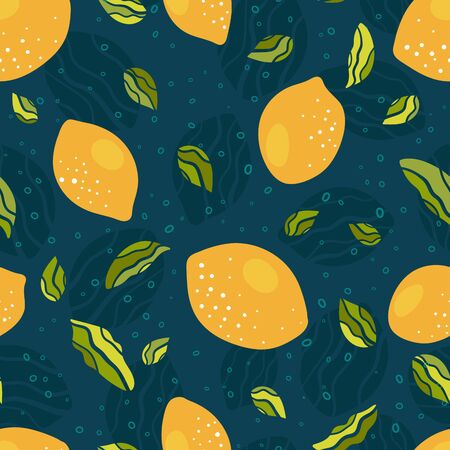 Cute hand drawn lemon seamless pattern, fresh summer background with leaves and lemons, great for textiles, banners, wallpapers - vector designのイラスト素材