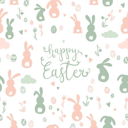 Cute hand drawn Easter Card design with Easter eggs, flowers and bunnies.のイラスト素材