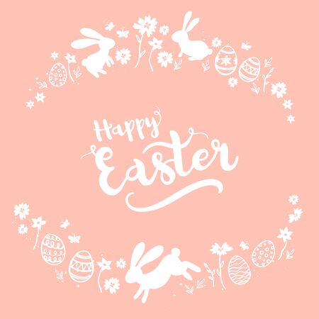 Cute hand drawn Easter Card design with bunnies, flowers and Easter eggs.のイラスト素材