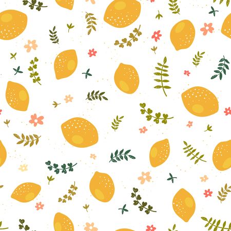Cute hand drawn lemon seamless pattern, fresh summer background with leaves and lemons, great for textiles, banners, wallpapers - vector designのイラスト素材