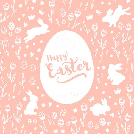 Cute hand drawn Easter Card design with bunnies, flowers and Easter eggs.のイラスト素材