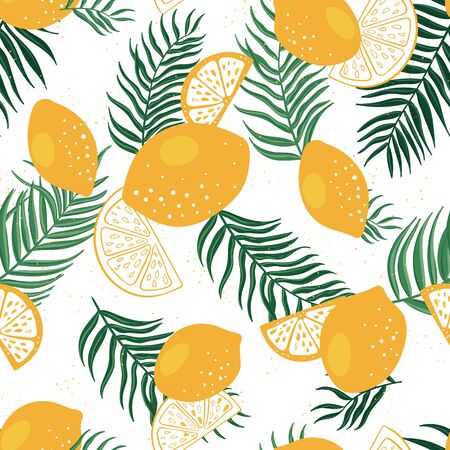 Cute hand drawn lemon seamless pattern, fresh summer background with leaves and lemons, great for textiles, banners, wallpapers - vector designのイラスト素材