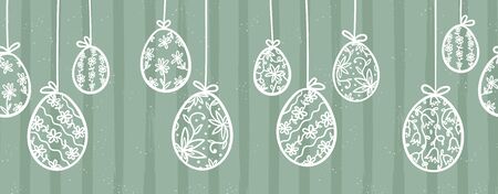 Cute hand drawn hanging easter eggs with floral pattern, horizontal seamless, easter garland, great for web banners, cards, vector designのイラスト素材
