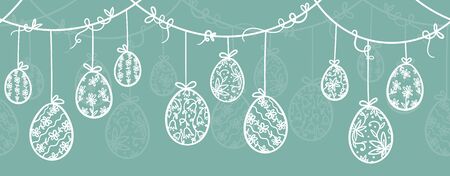 Cute hand drawn hanging easter eggs with floral pattern, horizontal seamless, easter garland, great for web banners, cards, vector designのイラスト素材