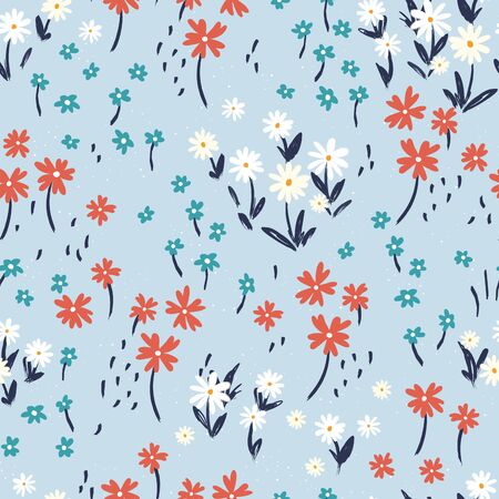 Hand drawn ditsy flower field seamless pattern, cute floral background, great for textiles, banners, wallpapers - vector designのイラスト素材