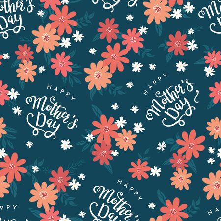 Cute hand drawn Mother's Day seamless pattern with flowers and text, great for banners, wallpapers, wrapping, textiles - vector designのイラスト素材
