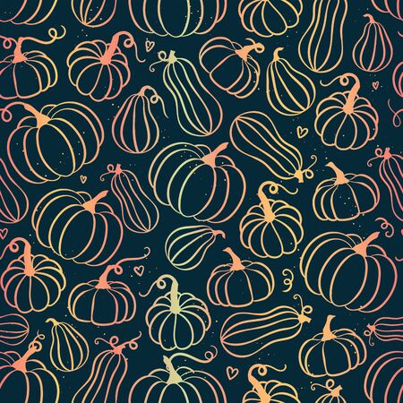 Beautiful pumpkin halloween thanksgiving seamless pattern, cute cartoon pumpkins hand drawn background, great for seasonal textile prints, holiday banners, backdrops or wallpapers - vector surfaceのイラスト素材