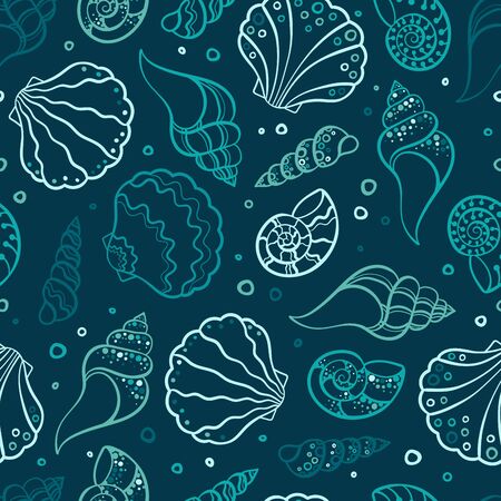Fresh colorful seamless pattern with various shells, clams and snails - vibrant under water background, great for ocean themes, beach fabrics, summer textiles or background, wallpapers - vectorのイラスト素材