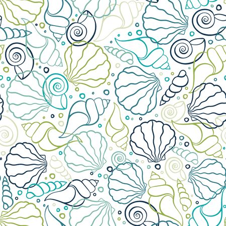 Fresh colorful seamless pattern with various shells, clams and snails - vibrant under water background, great for ocean themes, beach fabrics, summer textiles or background, wallpapers - vectorのイラスト素材