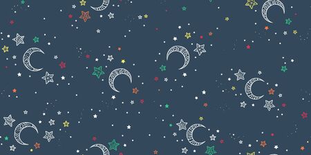 Cute hand drawn night sky seamless pattern with ornate stars and moons, comic background, great for textiles, banners, wallpapers, wrapping - vector designのイラスト素材