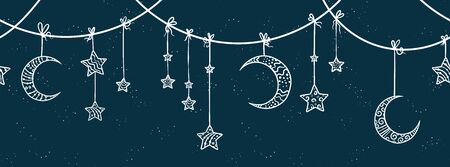 Cute hand drawn night sky horizontal seamless garland, great for banners, cards, designs - vectorのイラスト素材