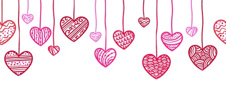 Cute hand drawn horizontal seamless doodle hearts garland, hanging hearts, great for Valentines or Mother's Day designs, banners, wallpapers - vector designのイラスト素材