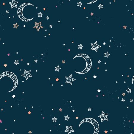 Cute hand drawn night sky seamless pattern with ornate stars and moons, comic background, great for textiles, banners, wallpapers, wrapping - vector designのイラスト素材