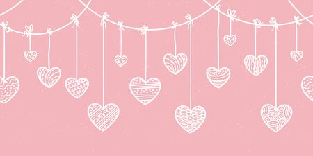Cute hand drawn horizontal seamless doodle hearts garland, hanging hearts, great for Valentines or Mother's Day designs, banners, wallpapers - vector designのイラスト素材