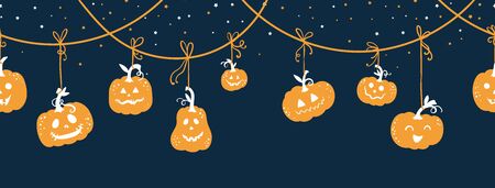 Fun hand drawn halloween horizontal pumpkin seamless pattern, cute pumpkins background, great for banners, wallpapers, textiles, cards - vector designのイラスト素材