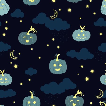 Fun hand drawn halloween seamless pattern with ghosts, pumpkins, bats and candy. Great for halloween concepts, textiles, banners, wallpapers, wrapping - vector designのイラスト素材