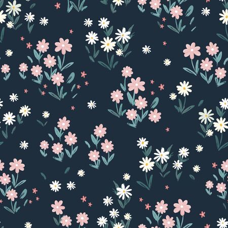 Cute hand drawn flower meadow seamless pattern, lovely spring or summer background, great for textiles, banners, wallpapers, wrapping - vector designのイラスト素材