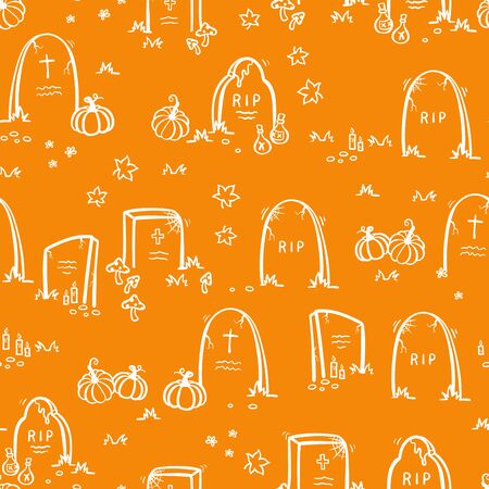 Fun hand drawn halloween seamless pattern with ghosts, graveyard, pumpkins - great for textiles, banners, wallpapers, wrapping - vector designのイラスト素材