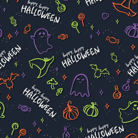 Fun hand drawn halloween seamless pattern with ghosts, pumpkins, bats and candy. Great for halloween concepts, textiles, banners, wallpapers, wrapping - vector designのイラスト素材