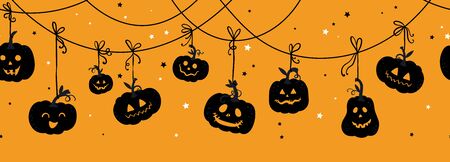 Fun hand drawn halloween horizontal pumpkin seamless pattern, cute pumpkins background, great for banners, wallpapers, textiles, cards - vector designのイラスト素材