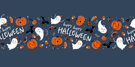 Fun hand drawn halloween horizontal seamless pattern with ghosts, pumpkins, bats and candy. Great for halloween concepts, textiles, banners, wallpapers, wrapping - vector designのイラスト素材