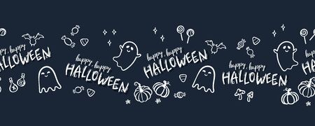Fun hand drawn halloween horizontal seamless pattern with ghosts, pumpkins, bats and candy. Great for halloween concepts, textiles, banners, wallpapers, wrapping - vector designのイラスト素材