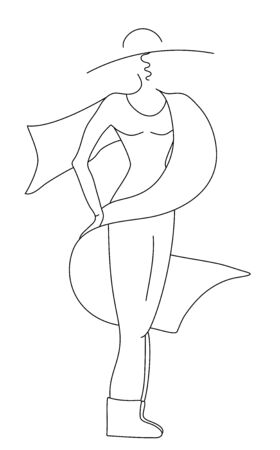 Lady in a hat with a big scarf. Black and white vector graphics. behind. Stock vector illustration. Isolate on a white background. Silhouette. Minimalismのイラスト素材