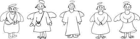 This is a cute drawing of five angels. This is a cute drawing of an angel. Isolated on a white background. Stock vector illustration. Black and white graphics. Minimalism.のイラスト素材
