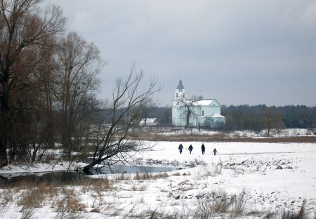 Winter landscape with a churchの写真素材