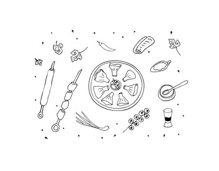 Georgian dishes. Vector illustration of a Georgian cuisine set. Khinkali, barbecue shashlik.のイラスト素材