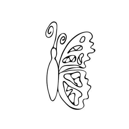 Butterfly. An insect with two pairs of pollen-covered wings of various colors. Stock vector illustration. Black and white graphics. Minimalism. Hand drawnのイラスト素材