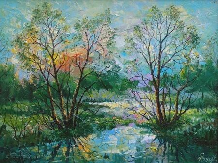 Woodland spring. Colors of late autumn. Oil painting on canvas. Handmade.の写真素材
