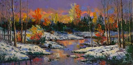 Snow in October. Evening. Colors of late autumn. Oil painting on canvas. Handmade.の写真素材