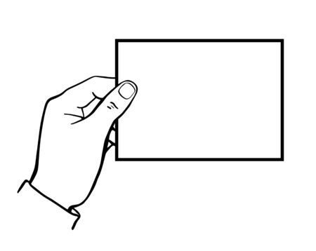 Vector hand drawing. In the hand is a business card or announcement. Black and white image.のイラスト素材