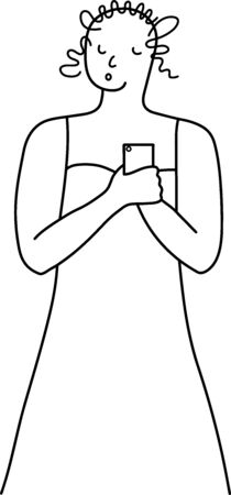 Girl holds a smartphone. Black and white vector illustration. Isolated on a white background. Minimalismのイラスト素材