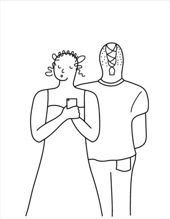 Two young people. They stand with their backs to each other. The girl is holding a smartphone. Stock vector illustration. Isolate on a white background.のイラスト素材