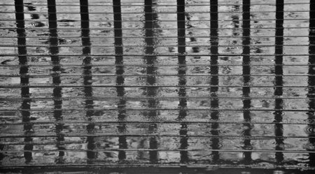 Deck rails reflected upon a wet deck in B&W.の写真素材