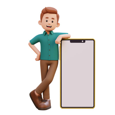 3d male character laying on a big smart phone with empty screenの写真素材