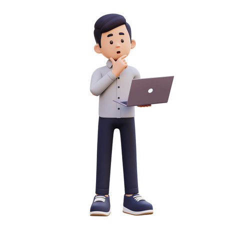 3d male character thinking and working on a laptop