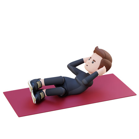 Dynamic 3D Sporty Male Character Engaging in Abs Side Crunch Workout at the Gymの写真素材