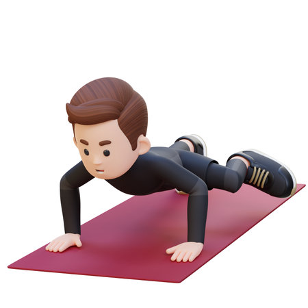 3D Sporty Male Character Performing Spiderman Push Up Exercise at Home Gymの写真素材