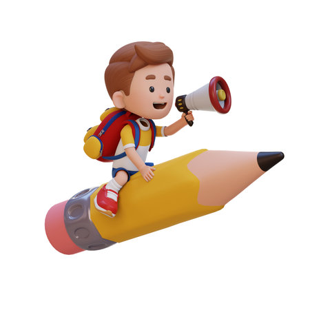 3D kid character riding a pencil and holding megaphoneの写真素材